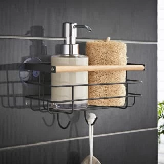 B&M Black Bamboo Bathroom Suction Caddy 1 B&M Black Bamboo Bathroom Suction Caddy