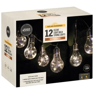 Solar Powered 12 Clear Light Bulb String LED Lights - Warm White 2 Solar Powered 12 Clear Light Bulb String LED Lights - Warm White - Image 2