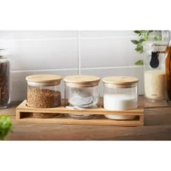 B&M Natural Home Glass Jars In Bamboo Stand 3pk -Home Decor Sales 380530 3pk natural home glass jars in bamboo stand 2