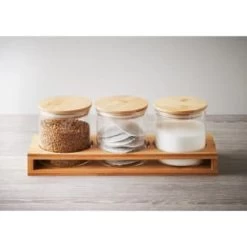 B&M Natural Home Glass Jars In Bamboo Stand 3pk -Home Decor Sales 380530 3pk natural home glass jars in bamboo stand