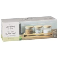 B&M Natural Home Glass Jars In Bamboo Stand 3pk -Home Decor Sales 380530 3pk natural home glass jars in bamboo stand 7
