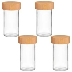 B&M Set Of 4 Glass Spice Jars With Bamboo Wood Base -Home Decor Sales 394437 set of 4 glass spice jars with bamboo wood lid and base group