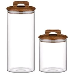 B&M Small Glass Jar With Acacia Wood Lid 7 B&M Small Glass Jar With Acacia Wood Lid -Home Decor Sales 394438 394439 glass canister with acacia wood group